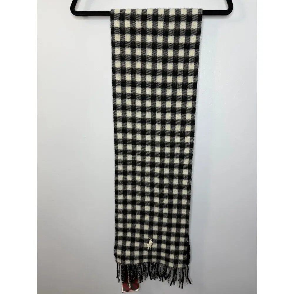 Polo Ralph Lauren Lamb Wool bBlack White Gingham Plaid Fringe Scarf New